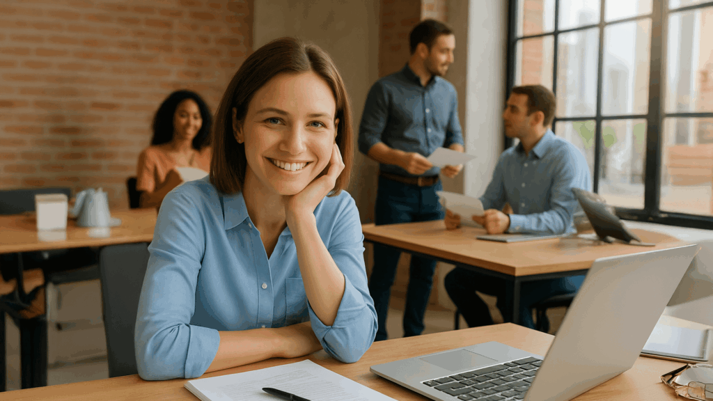 mujer sonriendo en escritorio
