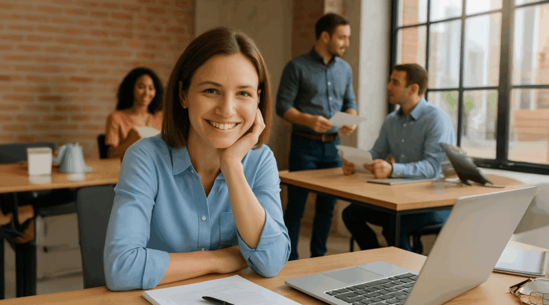 mujer sonriendo en escritorio